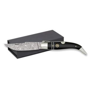Navaja Damasco con hoja de acero Damasco 60 capas de 6.50 cm y empuñadura de estamina Negra Decorada de 8.20 cm