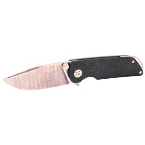 Navaja Böker M4 Shjerman Damast Rose Gold Edición limitada 110118DAM con hoja de acero Damasco de 80 capas de 7,5 cm y empuñadura de fibra de carbono y titanio de 10,3 cm