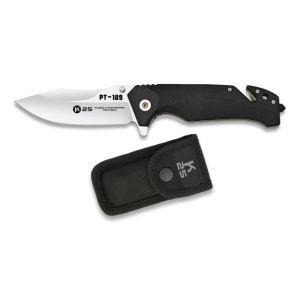 Navaja K-25 Táctica PT-109 18234 con hoja de acero 7Cr17Mov de 9 cm y empuñadura de g-10 / Negro de 13 cm.