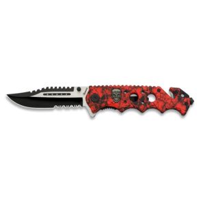 Navaja Albainox Skull 18374 con hoja de acero 3Cr13Mov de 8,7 cm y empuñadura de Aluminio/Rojo de 12,3 cm.