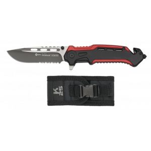 Navaja Táctica K-25 - 18764 con hoja de acero 7Cr17Mov de 8,7 cm y empuñadura de Aluminio (Rojo -Negro) de 12,4 cm.