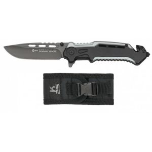 Navaja Táctica K-25 18765 con hoja de acero 7Cr17Mov de 8,7 cm y empuñadura de Aluminio (Gris-Negro) de 12,4 cm.