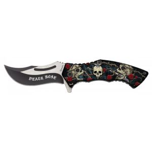 Navaja Albainox Skull-roses 18817 con hoja de acero 3Cr13Mov de 8,5 cm y empuñadura de ABS, 3D diseño de 12 cm.