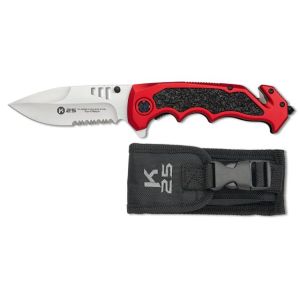 Navaja Táctica K-25 18866 con hoja de acero 7Cr13MoV de 9,6 cm y empuñadura de Aluminio recubierto de goma/Rojo y negro de 0 cm.