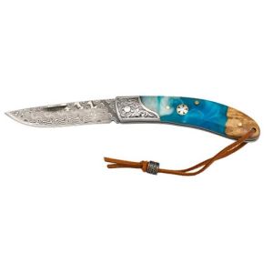 Navaja Damasco con hoja de acero Damasco 73 capas de 7.30 cm y empuñadura de Madera de Raiz con Resina de 9.50 cm