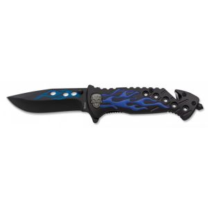 Navaja Albainox Calavera Azul 18913 con hoja de acero 3Cr13Mov de 8,5 cm y empuñadura de Aluminio / Negro y Azul de 11,5 cm.