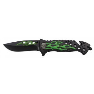 Navaja Albainox Calavera Verde 18914 con hoja de acero 3Cr13Mov de 8,5 cm y empuñadura de Aluminio - Negro de 11,5 cm.