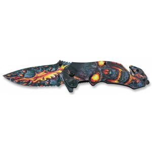 Navaja Albainox Skull On Flames 18923 con hoja de acero 3Cr13Mov de 8,8 cm y empuñadura de ABS / Diseño 3D de 12,7 cm.