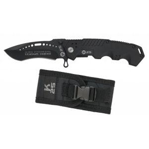 Navaja Táctica K-25 19132 con hoja de acero 7Cr17Mov de 8,5 cm y empuñadura de Aluminio / Engomado Negro de 12 cm.