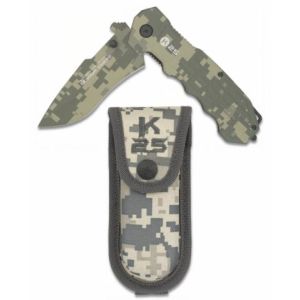 Navaja Táctica K-25 19220 con hoja de acero 7Cr17Mov de 9,3 cm y empuñadura de Aluminio/Camo de 13 cm.