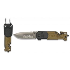 Navaja Táctica K-25 Kydex 19652 con hoja de acero 7Cr17Mov de 5,5 cm y empuñadura de Aluminio(engomado)/Coyote de 8 cm.