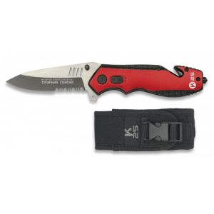 Navaja Táctica K-25 19704 con hoja de acero 7Cr17Mov de 8,4 cm y empuñadura de Aluminio / Rojo-Negro de 12 cm.