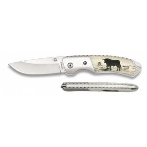Navaja Deluxe Toro con hoja de acero 3Cr13Mov de 6.50 cm y empuñadura de ABS/Blanco Decorado 2 Caras de 9.50 cm