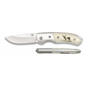 Navaja Deluxe Ciervo con hoja de acero 3Cr13Mov de 6.50 cm y empuñadura de ABS/Blanco Decorada 2 Caras de 9.50 cm