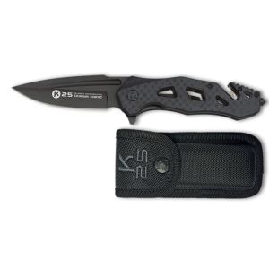 Navaja Táctica K-25 25002 con hoja de acero 7Cr17Mov de 8,5 cm y empuñadura de G10 Efecto fibra de Carbono de 11,6 cm.