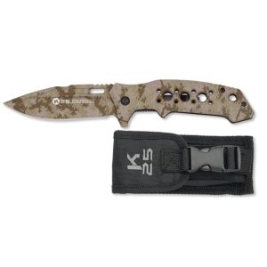 Navaja Táctica K-25 25011 con hoja de acero 3Cr13Mov de 8,5 cm y empuñadura de Aluminio Camo Arena de 11,5 cm.