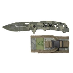 Navaja Táctica K-25 25012 con hoja de acero 3Cr13Mov de 8,5 cm y empuñadura de Aluminio Camo Verde de 11,5 cm.