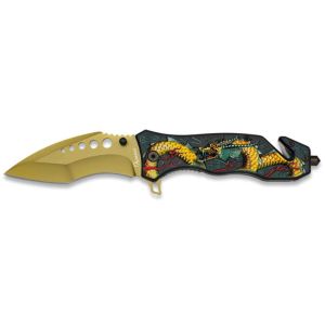 Navaja Albainox Dragón Amarillo 25085 con hoja de acero 3Cr13Mov de 9,5 cm y empuñadura de ABS / Diseño 3D de 12 cm.