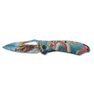 Navaja Albainox Dragones 25274 con hoja de Acero Inox de 8,1 cm y empuñadura de ABS Decorada 3D, INBOSS de 11,5 cm.