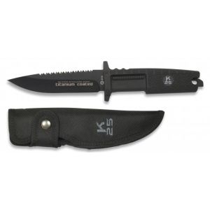 Cuchillo Táctico K-25 31910 con hoja de acero 7Cr17Mov de 12,5 cm y empuñadura de Goma / Negro de 13,1 cm.