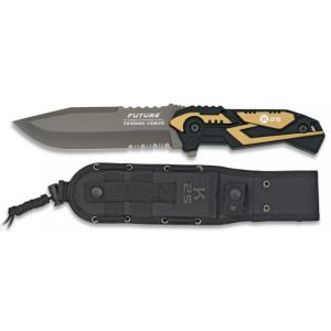 Cuchillo Táctico K-25 Future 32122 con hoja de acero 7Cr17Mov de 12,5 cm y empuñadura de Aluminio Engomado / Dorado-Negro de 12 cm.