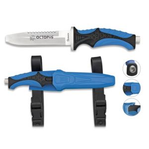 Cuchillo Submarinismo Albainox Octopus 32332 con hoja de acero 3Cr13Mov de 11,8 cm y empuñadura de ABS - Goma / Azul de 12,5 cm.