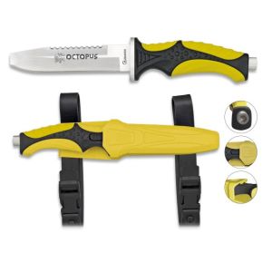 Cuchillo Submarinismo Albainox Octopus 32333 con hoja de acero 3Cr13Mov de 11,8 cm y empuñadura de ABS - Goma / Amarillo de 12,5 cm.