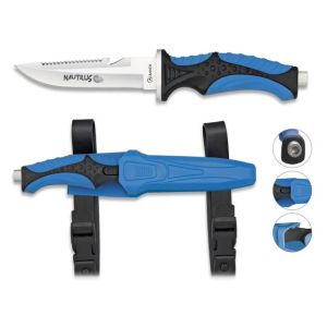 Cuchillo Submarinismo Albainox Nautilus 32349 con hoja de acero 3Cr13Mov de 12 cm y empuñadura de ABS - Goma / Azul de 12,5 cm.