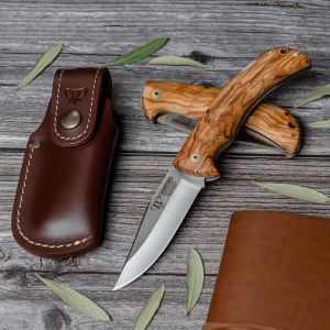 Navaja Cudeman 326-LF hoja de acero MoVa 1.4116 de 9,5 cm y empuñadura de madera de olivo de 11 cm con funda de cuero