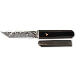 Cuchillo Albainox Damasco Envejecido 32846 con hoja de acero Damasco envejecido 72 capas de 10,5 cm y empuñadura de Madera Ebano con mosaico de 11 cm.