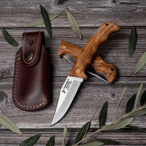 Navaja Cudeman 333-LF hoja de acero MoVa 1.4116 de 8 cm y empuñadura de madera de olivo satinado de 10,5 cm con funda de cuero