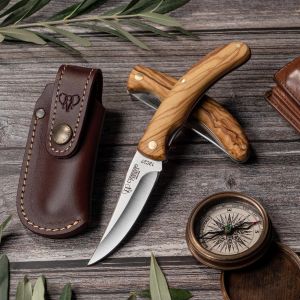 Navaja Cudeman 374-LF Cazorla hoja de acero Sandvick 12c27 de 19 cm y empuñadura de madera de olivo de 10,5 cm con funda de cuero