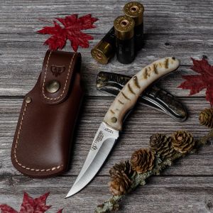 Navaja Cudeman 374-MF Cazorla hoja de acero Sandvik 12c27 de 19 cm y empuñadura de cuerno de muflón de 10,5 cm con funda de cuero