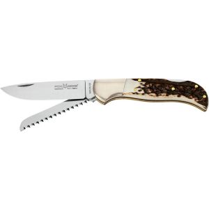 Navaja Italiana FOX CAZA 500/2SCE con hoja de acero Böhler N690Co de 8,5 cm y empuñadura de asta de ciervo de 18 cm con sierra incluida