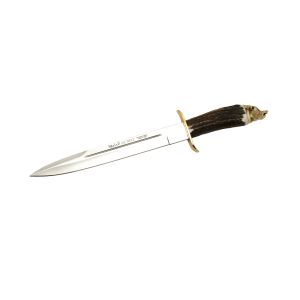 Muela Cuchillo ALCARAZ-26N hoja de acero MoVa de 26 cm y empuñadura de ciervo con pomo cabeza de jabali.