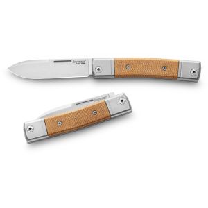 Navaja italiana LIONSTEEL BM2 CVN bestman con hoja drop-point de acero M390 de 7,1 cm y empuñadura de micarta canvas natural