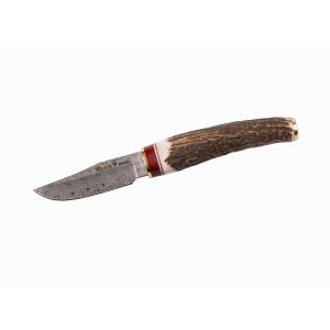 Muela Cuchillo de caza de lujo BW-6DAM con hoja de acero damasco inoxidable RWL34 y empuñadura de asta de ciervo.