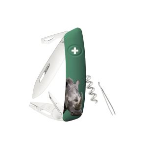 Navaja Multiusos Swiza TT03 TICK TOOL WILDLIFE Rhinoceros Green con hoja de acero 440 de 7,5 cm