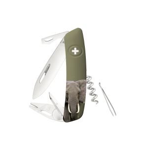 Navaja Multiusos Swiza TT03 TICK TOOL WILDLIFE Elephant olivo con hoja de acero 440 de 7,5 cm
