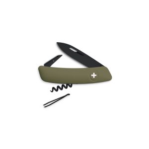 Navaja multiusos suiza Swiza D01ABOL con hoja de acero 440C de 7,5 cm, linerlock y empuñadura de color verde. Seis usos diferentes