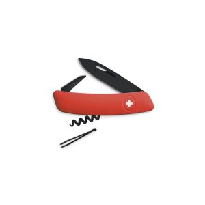 Navaja multiusos suiza Swiza D01ABR con hoja de acero 440C de 7,5 cm, linerlock y empuñadura de color roja. Seis usos diferentes