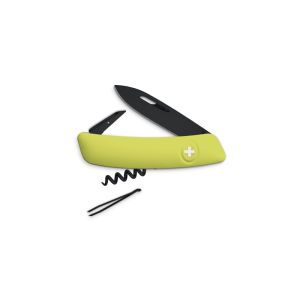 Navaja multiusos suiza Swiza D01ABVP con hoja de acero 440C de 7,5 cm, linerlock y empuñadura de color amarillo. Seis usos diferentes