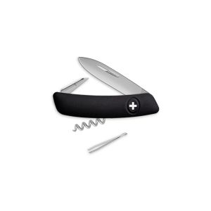 Navaja multiusos suiza Swiza D01NM con hoja de acero 440C de 7,5 cm, linerlock y empuñadura de color negra. Seis usos diferentes