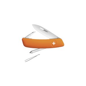 Navaja multiusos suiza Swiza D02OR con hoja de acero 440C de 7,5 cm, linerlock y empuñadura de color naranja. Seis usos diferentes
