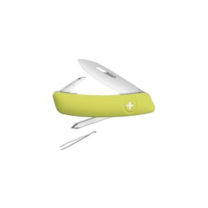 Navaja multiusos suiza Swiza D02VP con hoja de acero 440C de 7,5 cm, linerlock y empuñadura de color amarillo. Seis usos diferentes