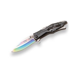 Navaja deportiva JKR 733 con hoja de acero 3Cr13MoV de 8,2 cm y empuñadura de aluminio.