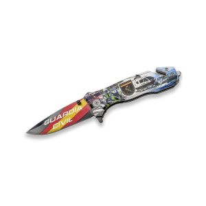 Navaja de rescate JKR0755-GC con hoja de acero 3Cr13MoV de 8,5 cm y empuñadura de aluminio de 12,2 cm.