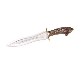 Muela Cuchillo de caza de lujo PODENQUERO-GJ con hoja de acero inoxidable MoVa de 24 cm y empuñadura de asta de ciervo tallada.