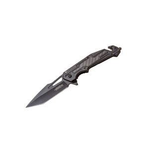 Navaja deportiva JKR PRO 10.009 con hoja de acero D2 de 9 cm y empuñadura de Acero inoxidable con fibra de carbono de 10,3 cm.