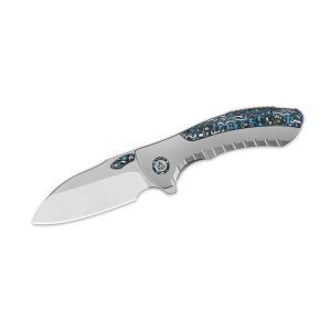 Navaja QSP CAPYBARA TITANIUM Satinado QS152-A1 azul Camo CF con hoja de acero BÖHLER M390, Satinado de 7,6 cm y empuñadura de Titanio / fibra de carbono azul camo de 11,1 cm